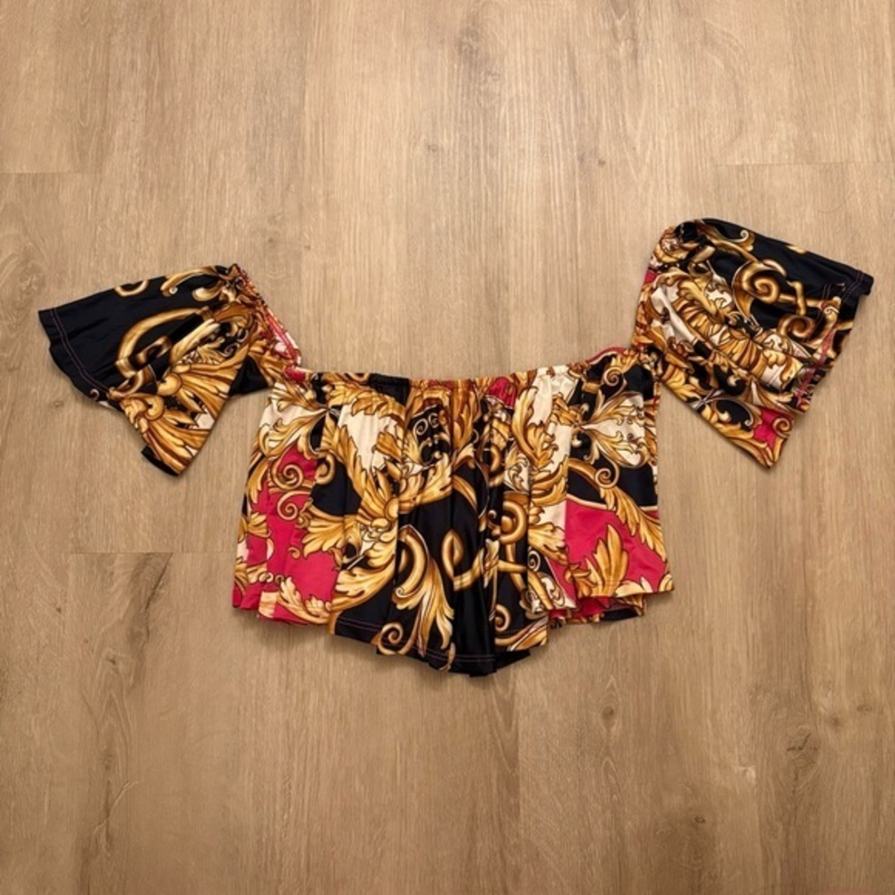 Y2K Baroque Print Off Shoulder Crop Top Renaissance Style Small